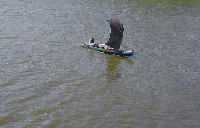 Note: "Leeboard" paddle in use for higher winds - & better to use a smaller, say 8x6, sail.