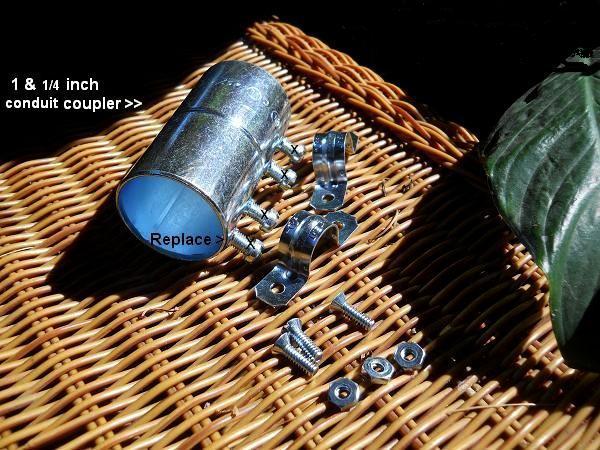 1 & 1/4 inch electrical conduit coupler for raising sail on  sail-canoe mast. Replace screws w/ bolts.