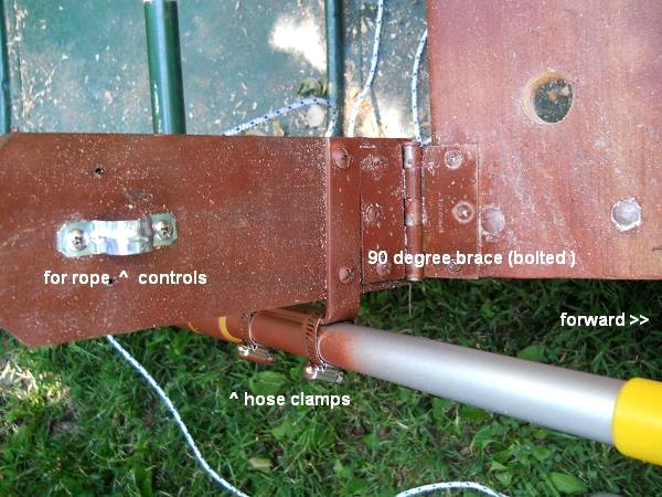 Another detail of sail-canoe "leeboard" paddle substitute. Front of canoe to right.