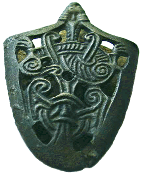 10th century Jelling style Type II-4 sword scabbard chape identical to the chape excavated from a burnt ( circa 983-1038 ) fortress near Franopol Belarus, and also an artfact of grave 174 from Kaup-Wiskiauten.